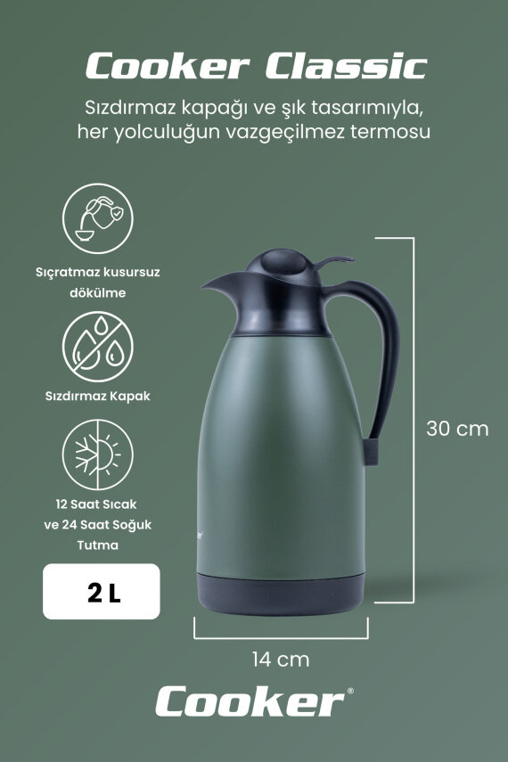 Cooker Classic 2 Litre Paslanmaz Çelik Termos Yeşil CKR2040  - 2