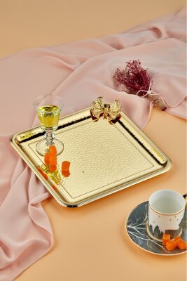 Cooker 25 Cm Kelebekli Metal Kare Gold Sunum Tepsisi CKR3175