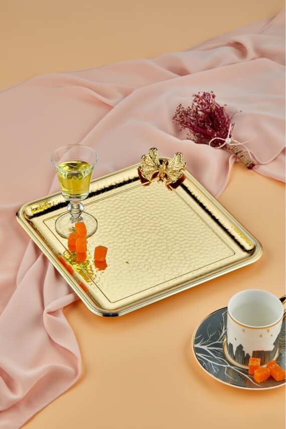Cooker 25 Cm Kelebekli Metal Kare Gold Sunum Tepsisi CKR3175 - 1