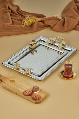 Cooker 2'li Kelebekli Metal Dikdörtgen Sunum Tepsisi 50x32 cm ve 42x26 cm