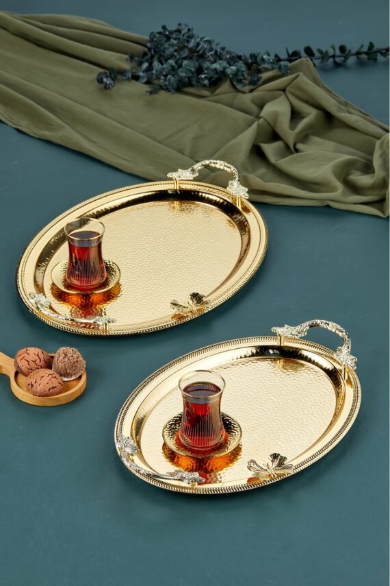 Cooker 2'li Kelebekli Metal Oval  Sunum Tepsisi 49x33 cm ve 41x20 cm - 1
