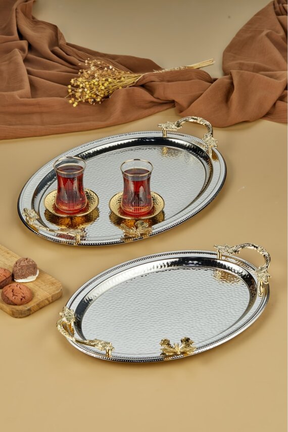 Cooker 2'li Kelebekli Metal Oval  Sunum Tepsisi 49x33 cm ve 41x20 cm - 5