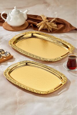 Cooker 2'li Metal Oval Gold Sunum Tepsisi 49x30 cm ve 37x23 cm CKR3567 - 2