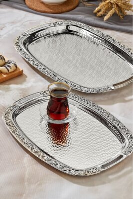 Cooker 2'li Metal Oval Gümüş Sunum Tepsisi 43x30 cm ve 36x26 cm CKR3566
