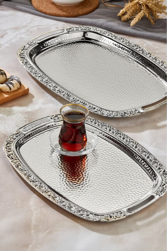 Cooker 2'li Metal Oval Gümüş Sunum Tepsisi 43x30 cm ve 36x26 cm CKR3566 - 1