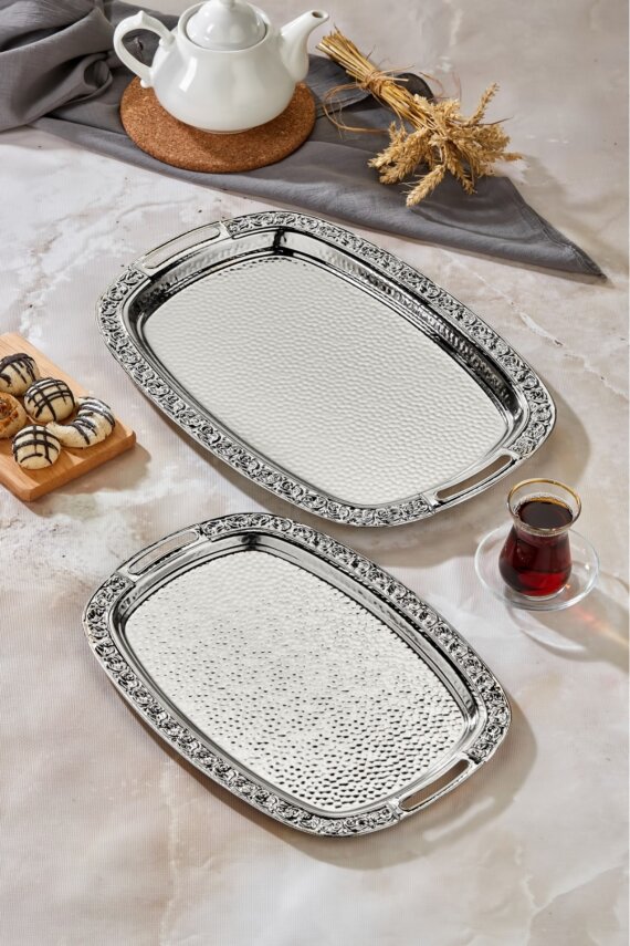 Cooker 2'li Metal Oval Gümüş Sunum Tepsisi 43x30 cm ve 36x26 cm CKR3566 - 2
