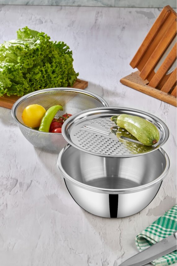 Cooker 3 Parça 24 cm Paslanmaz Çelik Rendeli Karıştırma Kabı CKR3490 - 1