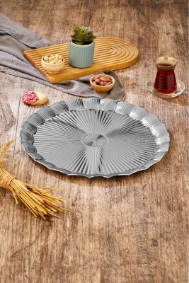 Cooker 35 cm Metal Yuvarlak Gümüş Sunum Tepsisi CKR3903 - 2