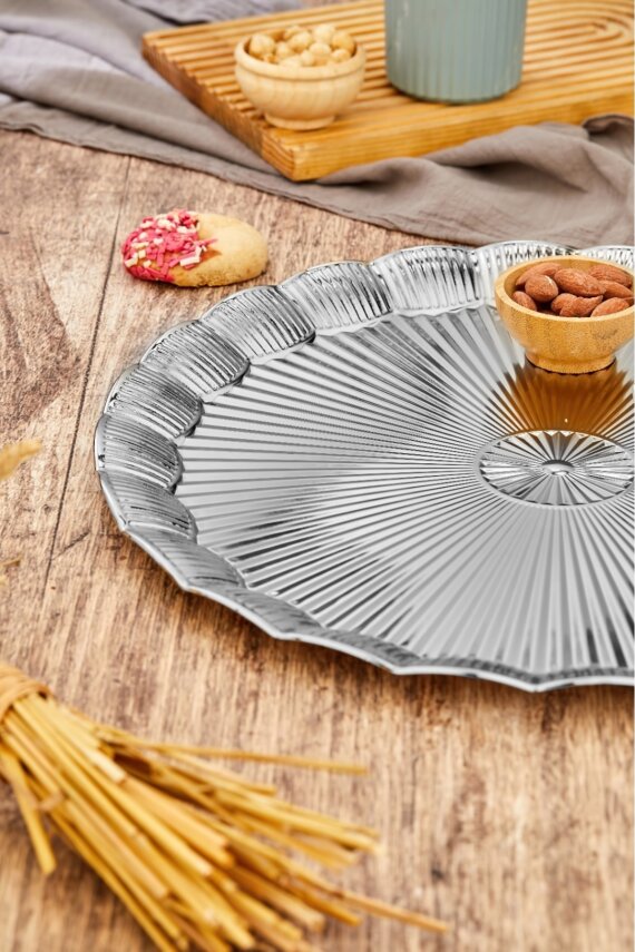 Cooker 35 cm Metal Yuvarlak Gümüş Sunum Tepsisi CKR3903 - 4