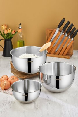 Cooker 3'lü 24 cm-3,5 L, 26 cm-7 L ve 28 cm-8 L Paslanmaz Çelik Karıştırma Kabı Seti CKR3526-27-28 