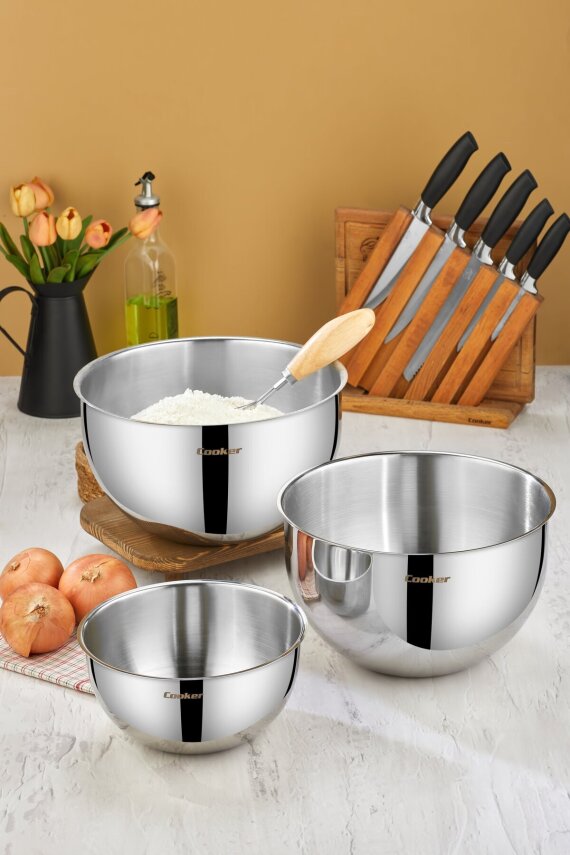 Cooker 3'lü 24 cm-3,5 L, 26 cm-7 L ve 28 cm-8 L Paslanmaz Çelik Karıştırma Kabı Seti CKR3526-27-28 - 1