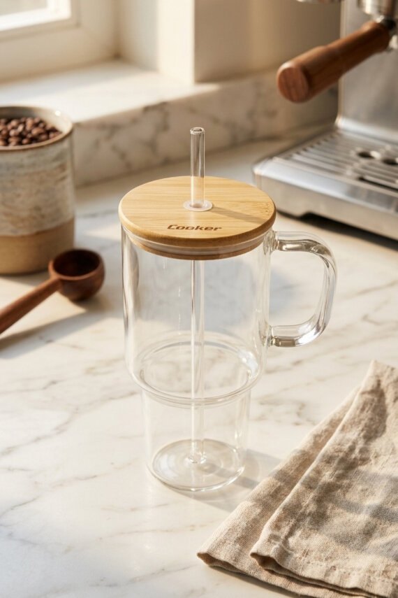Cooker 800 ml Cam Pipetli Bambu Kapaklı Bardak CKR4571 - 2