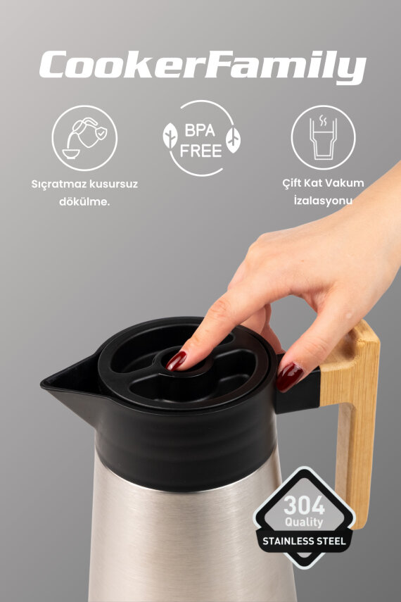 Cooker BambooPour 1.5 Litre Paslanmaz Çelik Bambu Saplı Çelik Termos CKR2090 - 3