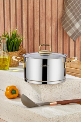 Cooker Bomonti 18 cm 2.5 Litre İndüksiyon Uyumlu Paslanmaz Çelik Gold Kulplu Derin Tencere CKR3468