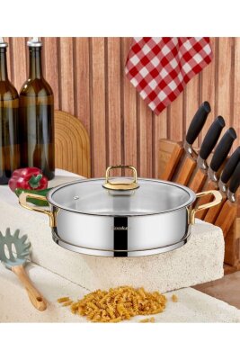 Cooker Bomonti 24 cm İndüksiyon Uyumlu Paslanmaz Çelik Gold Kulplu Basık Tencere CKR3474