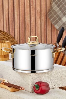 Cooker Bomonti 28 cm 11 Litre İndüksiyon Uyumlu Paslanmaz Çelik Gold Kulplu Derin Tencere CKR3473