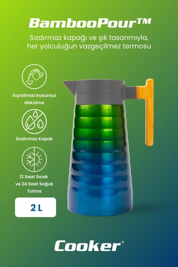 Cooker BambooPour 2 Litre Paslanmaz Çelik Bambu Saplı Termos CKR2097 - 2