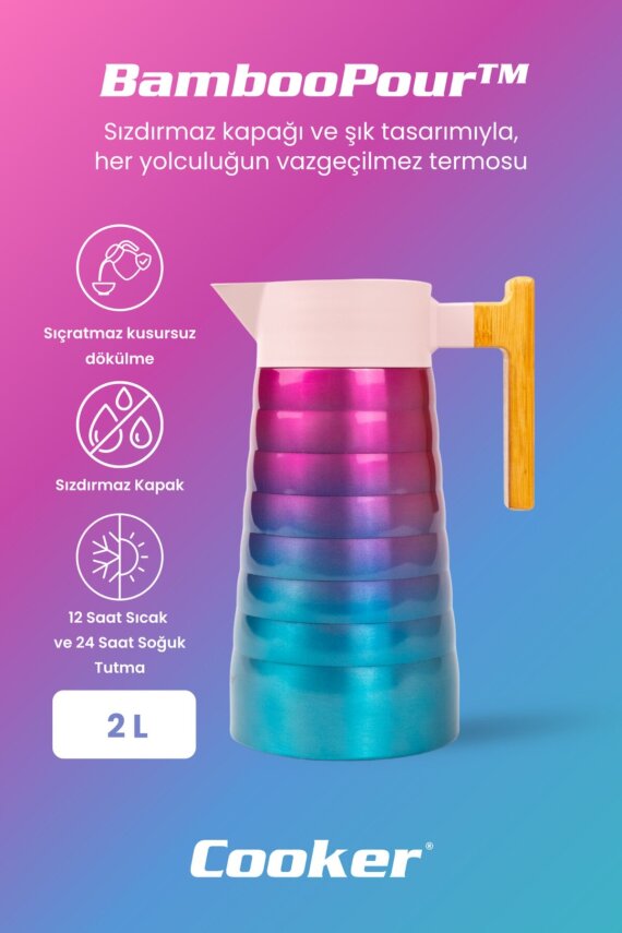 Cooker BambooPour 2 Litre Paslanmaz Çelik Bambu Saplı Termos CKR2097 - 5
