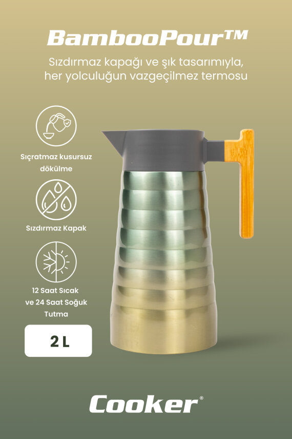 Cooker BambooPour 2 Litre Paslanmaz Çelik Bambu Saplı Termos CKR2097 - 8