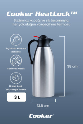 Cooker HeatLock 3 Litre Paslanmaz Çelik Büyük Boy Termos CKR2116 - 2