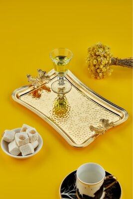 Cooker Kelebekli Metal Dikdörtgen Gold Sunum Tepsisi 27x18 cm CKR3173