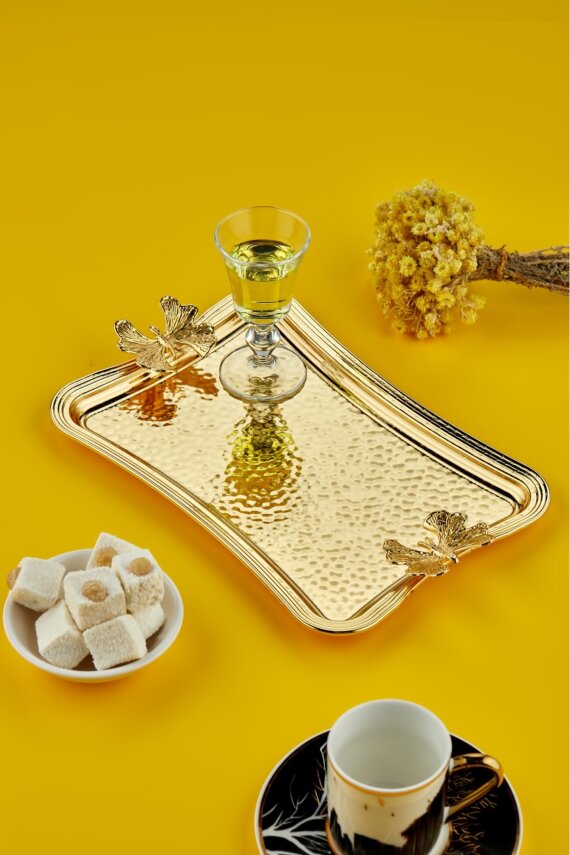 Cooker Kelebekli Metal Dikdörtgen Gold Sunum Tepsisi 27x18 cm CKR3173 - 1
