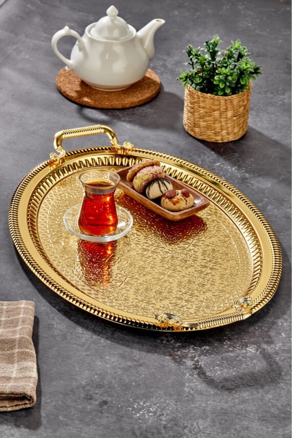 Cooker Metal Battal Boy Oval Gold Sunum Tepsisi 57x37 cm CKR3542 - 1