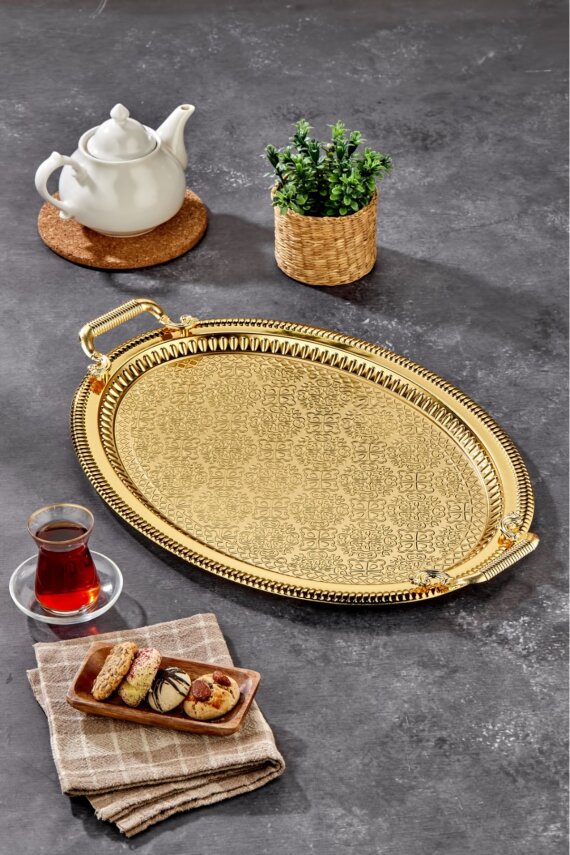 Cooker Metal Battal Boy Oval Gold Sunum Tepsisi 57x37 cm CKR3542 - 2
