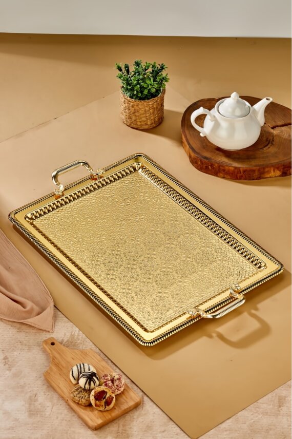 Cooker Metal Dikdörtgen Battal Boy Gold Sunum Tepsisi 60x40 cm CKR3544 - 1