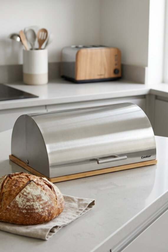 Cooker Silvora Metal Kapaklı Bambu Tabanlı Ekmek Kutusu CKR4542 - 1