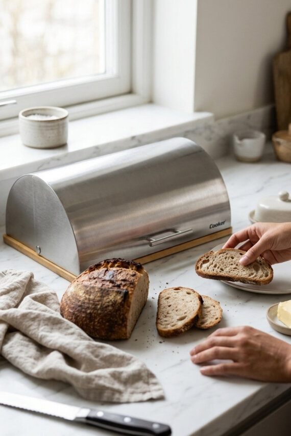 Cooker Silvora Metal Kapaklı Bambu Tabanlı Ekmek Kutusu CKR4542 - 5
